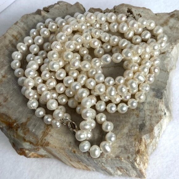 Sterling Silver 925 Layered Beige Baroque Triple Strand Pearl Necklace 18" - 19" - Picture 2 of 16